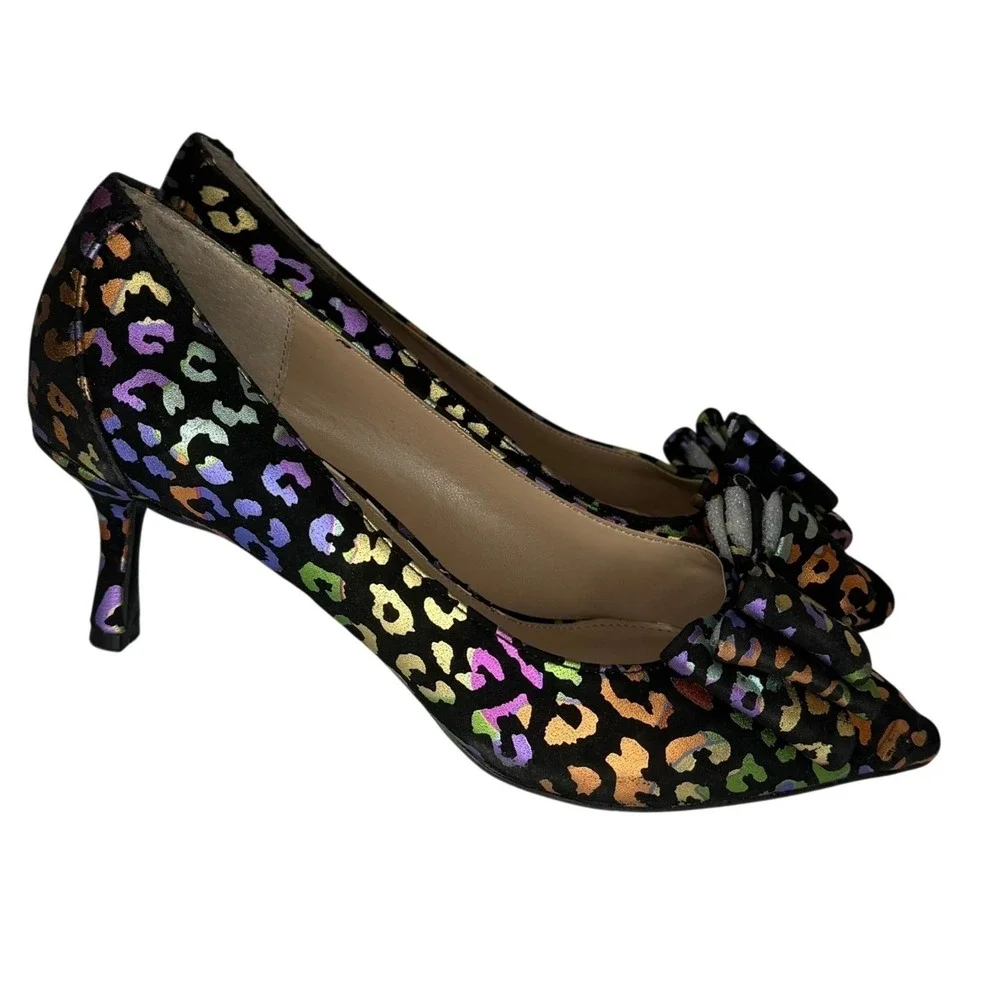 Betsey Johnson Maude Pumps Womens 8 Black Rainbow Metallic Leopard Kitten Heel - Picture 3 of 8